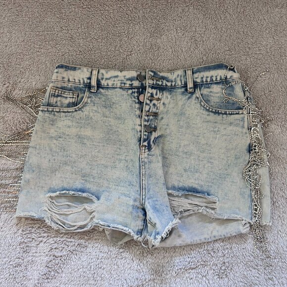 ​​Women’s Rhinestone Fringe Distressed Denim Shorts – Nashville Boutique Style - Picture 1 of 3